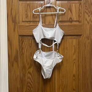 White Cutout One-Piece Swimsuit with Gold Chain Straps